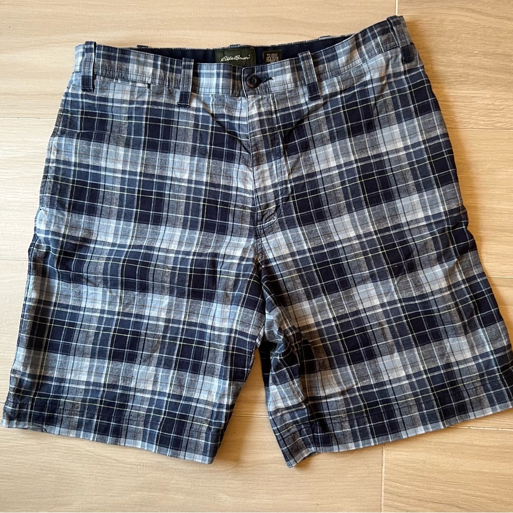 Eddie Bauer Plaid Men's Shorts - Navy and White Cotton Linen Blend